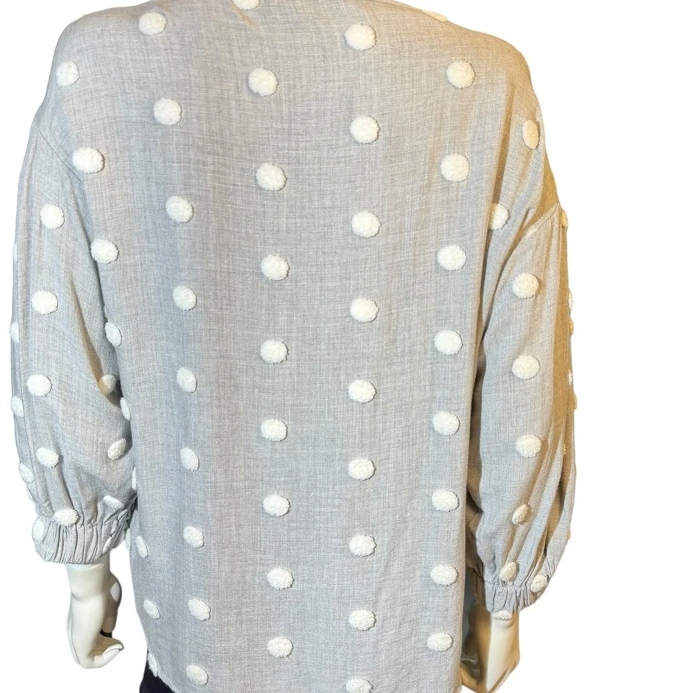 ZARA Women Blouse Gray & White Pom Pom Puff Sleeve